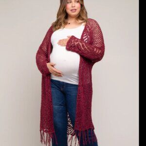 NWOT  - PinkBlush Burgundy Crochet Fringe Hem Maternity Cardigan